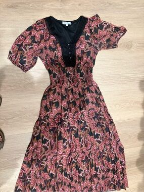 Floral Smocked Waist Midi Dress in Black and Pink